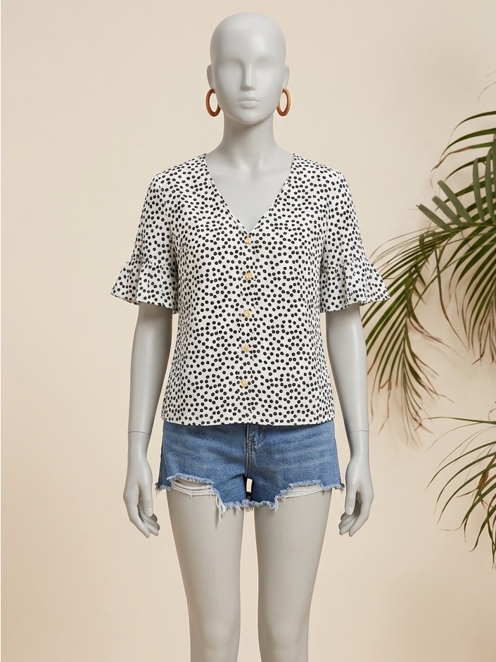 Shein White V-Neck Button Front Polka Dot Blouse